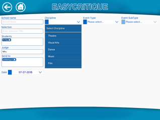 Choose from various disciplines, including Theatre, Visual Arts, Dance, Music, or Film. Then choose an event type, like Monologue or Duet Scene, for event-specific scoring criteria.